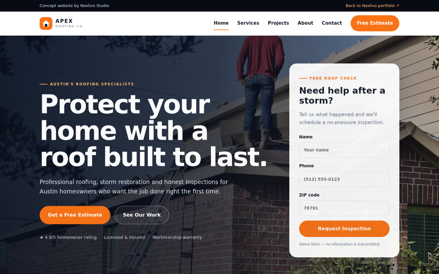 Apex Roofing Co. concept website screenshot