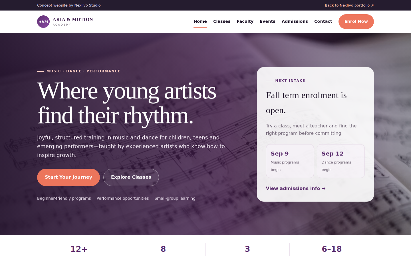 Aria and Motion Academy concept website screenshot