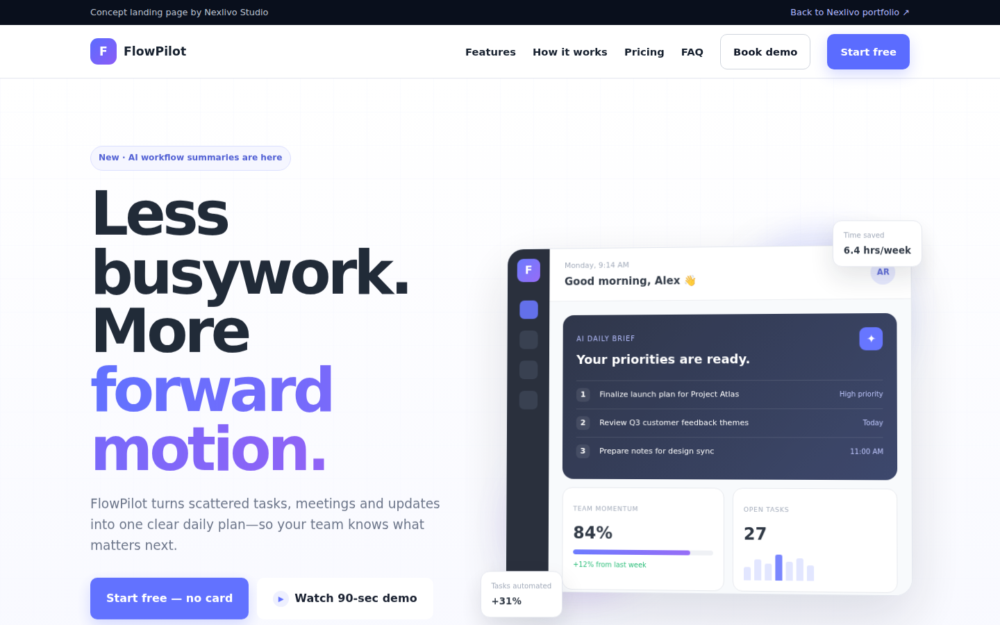 FlowPilot SaaS landing page concept screenshot