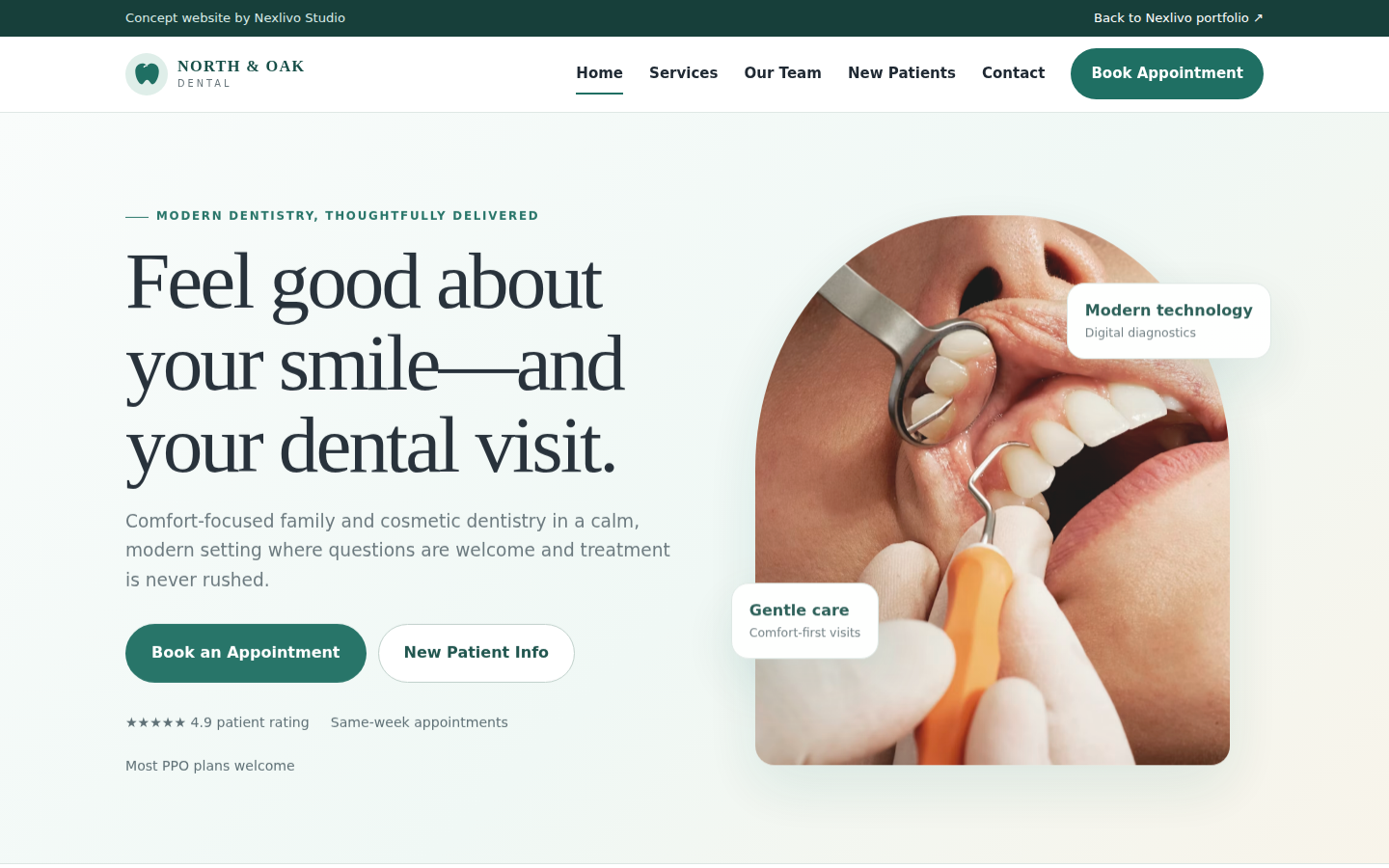 North and Oak Dental concept website screenshot